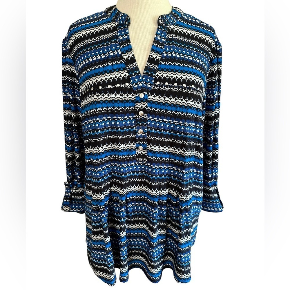 COCOMO 3X Blue Black Plus Size 3/4 sleeve women’s Pintuck Blouse tunic s…